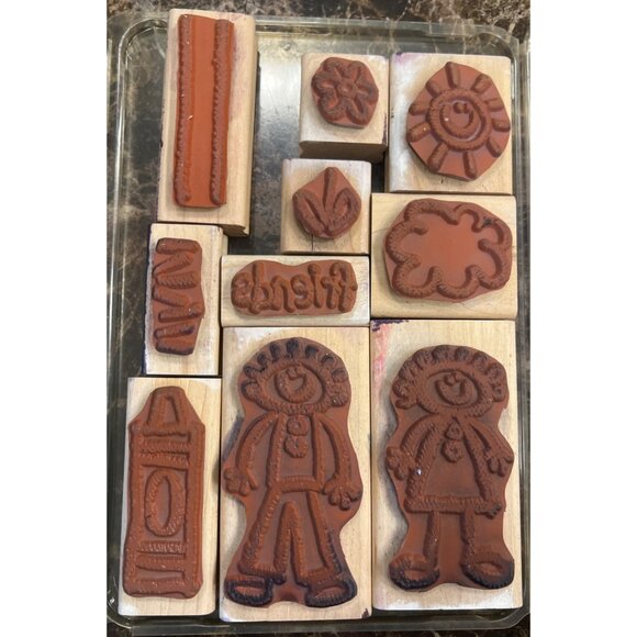 Stampin Up Definitely Decorative Crayon Kids Wood mounted Rubber Stamp Set of 10 - Picture 2 of 5